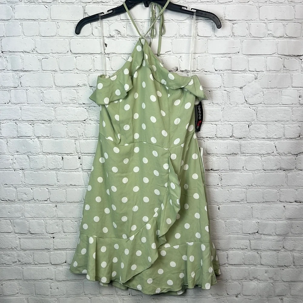 Teeze Me Sage Green & White Polka Dot Ruffle Halter Dress Juniors Size 9/10 & 13 - Picture 2 of 7